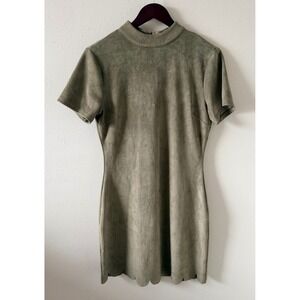 HYFVE Womens M Olive Faux Suede Mini Dress Mock Neck Scalloped Hem Fall